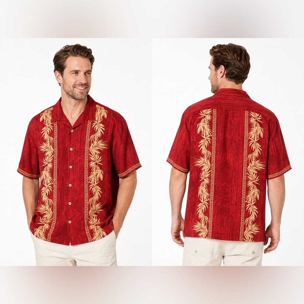 Tommy Bahama Red Silk Hawaiian Camp Shirt XL Palm Leaf Aloha Button Front